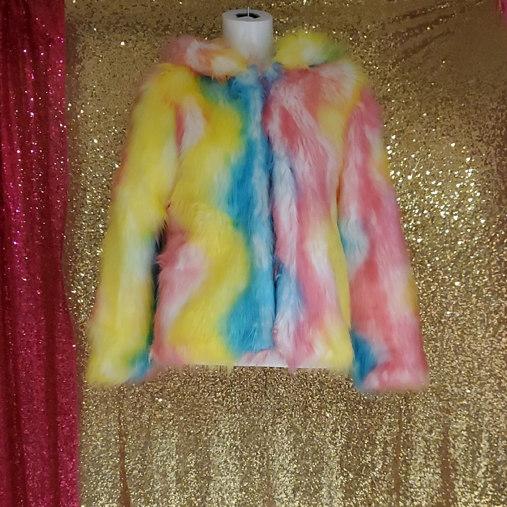 Multicolor Faux Fur Rainbow Puffer Jacket - Women's